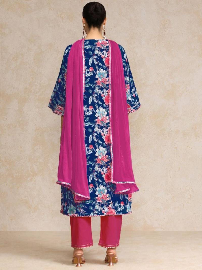 Floral Printed Gotta Patti V-Neck A-Line Kurta With Trousers & Dupatta