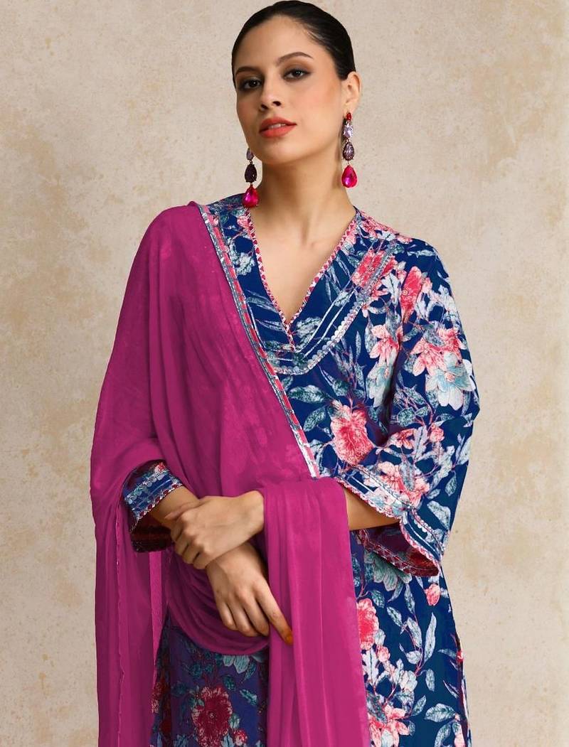 Floral Printed Gotta Patti V-Neck A-Line Kurta With Trousers & Dupatta