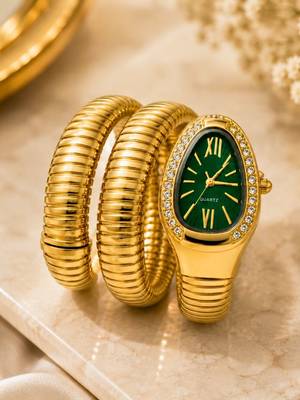 gold plated green dial ad studded spiral watch 1