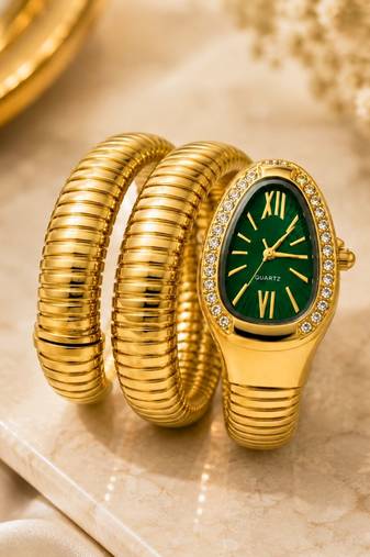 gold plated green dial ad studded spiral watch