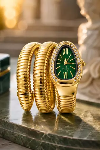 gold plated green dial ad studded spiral watch