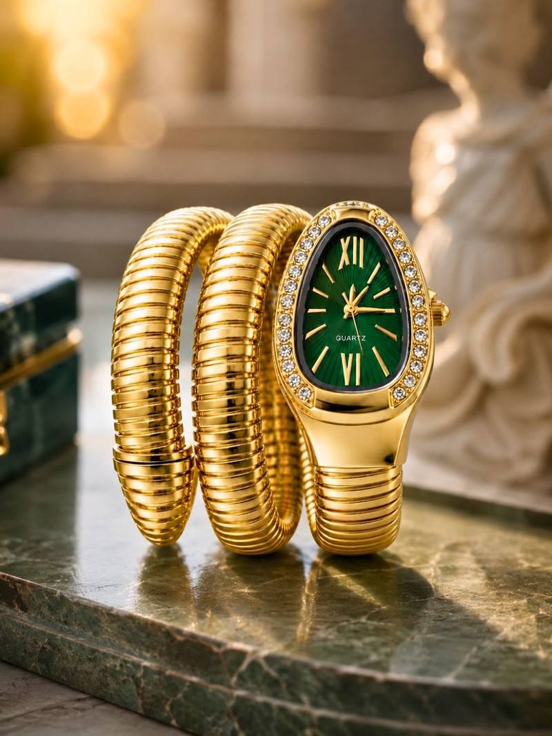 gold plated green dial ad studded spiral watch