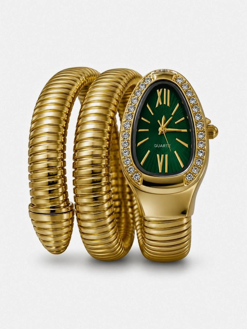 gold plated green dial ad studded spiral watch