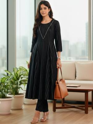 Women Striped Regular Silk Crepe Kurta with Trousers 1
