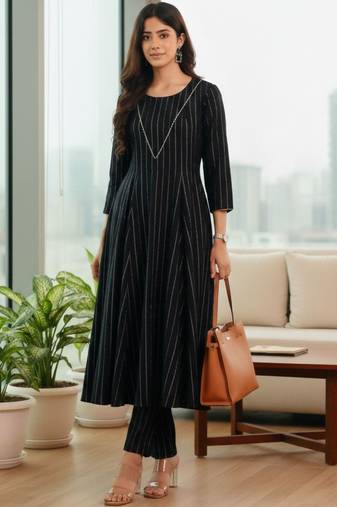 Women Striped Regular Silk Crepe Kurta with Trousers