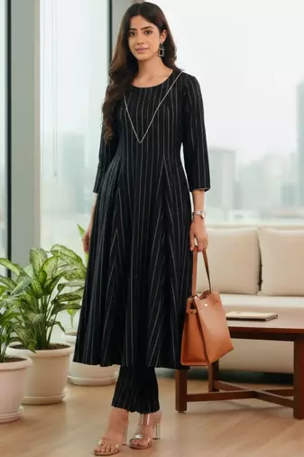 Women Striped Regular Silk Crepe Kurta with Trousers