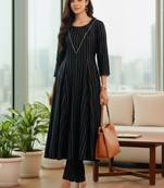Women Striped Regular Silk Crepe Kurta with Trousers