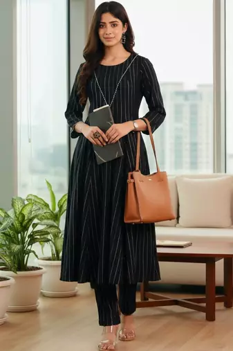 Women Striped Regular Silk Crepe Kurta with Trousers