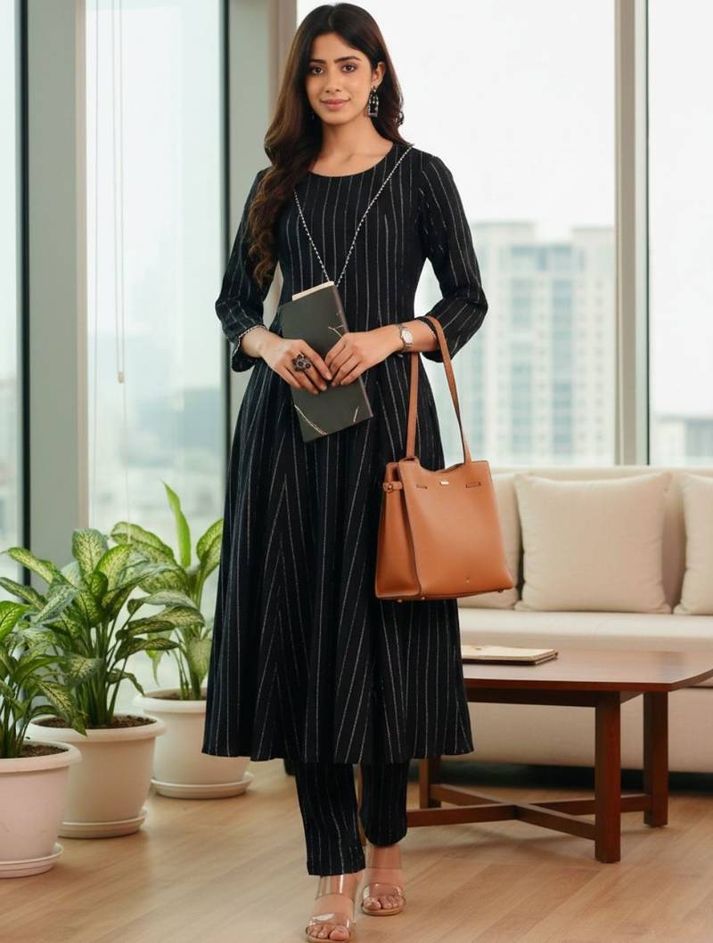 Women Striped Regular Silk Crepe Kurta with Trousers