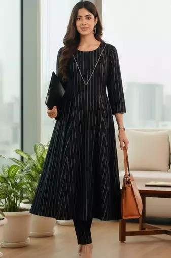 Women Striped Regular Silk Crepe Kurta with Trousers