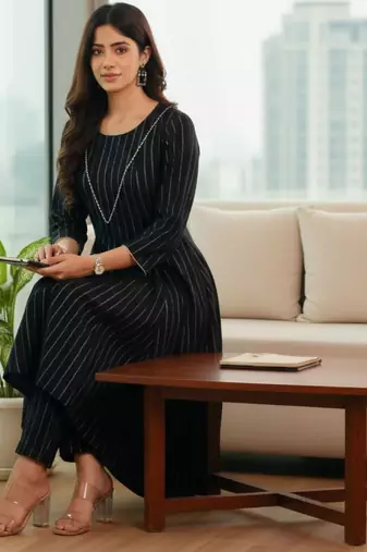 Women Striped Regular Silk Crepe Kurta with Trousers
