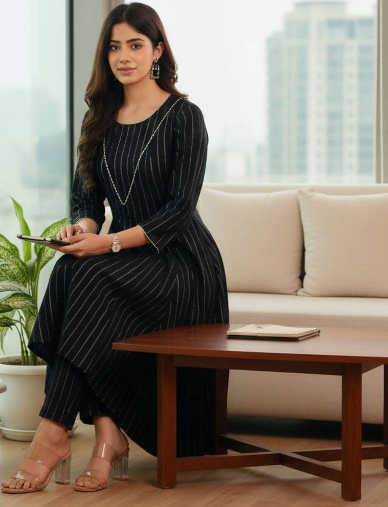 Women Striped Regular Silk Crepe Kurta with Trousers