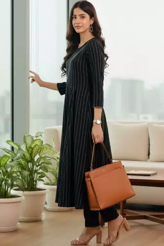 Women Striped Regular Silk Crepe Kurta with Trousers