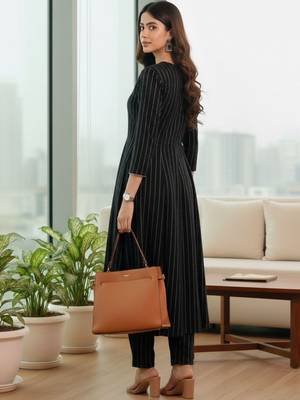 Women Striped Regular Silk Crepe Kurta with Trousers 6
