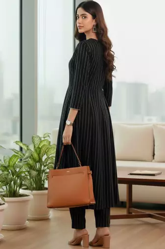 Women Striped Regular Silk Crepe Kurta with Trousers