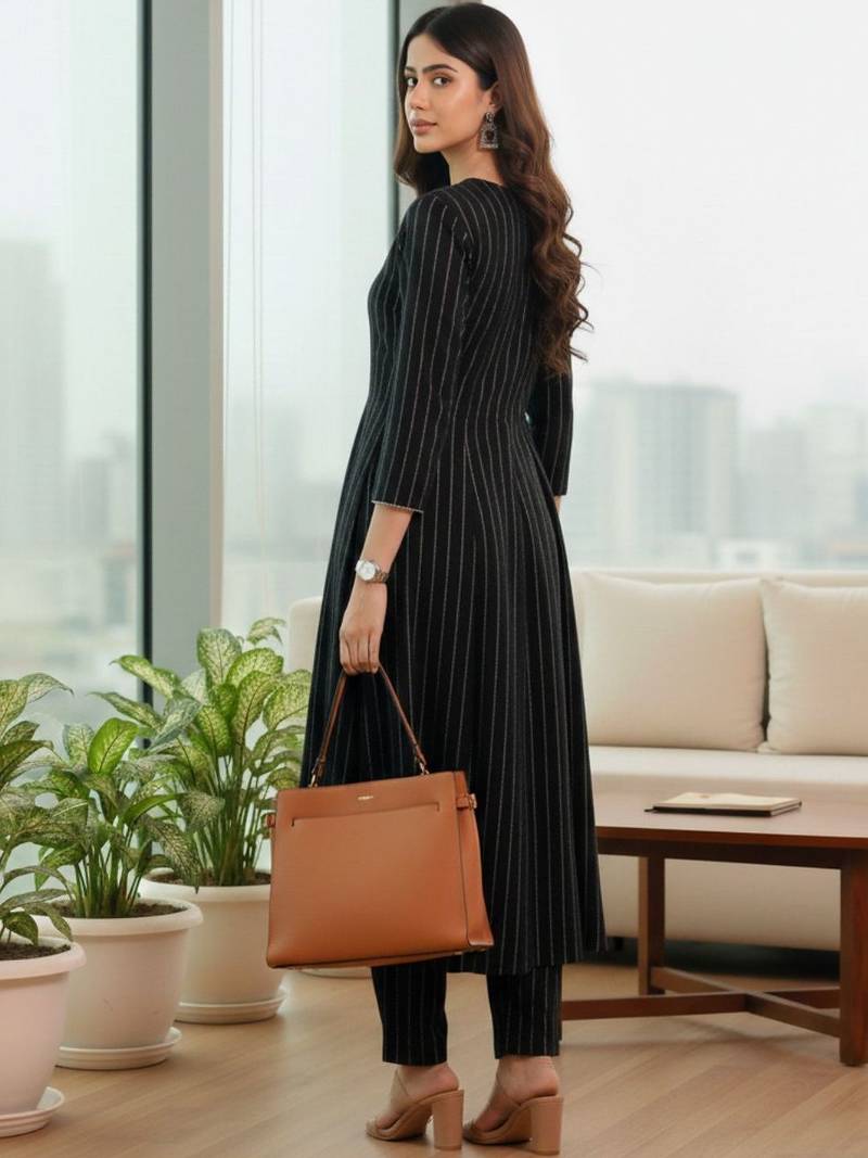 Women Striped Regular Silk Crepe Kurta with Trousers