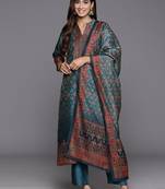 Floral Printed Mandarin Collar Chanderi Silk Kurta With Trousers & Dupatta