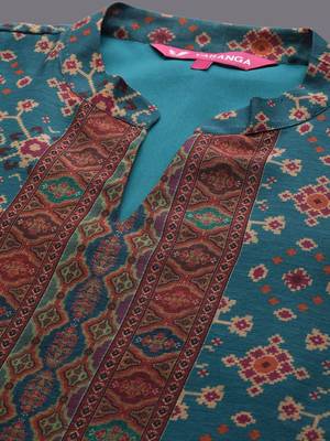 Floral Printed Mandarin Collar Chanderi Silk Kurta With Trousers & Dupatta 2