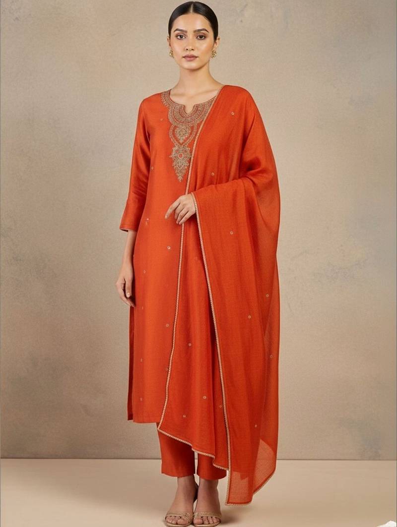Women Embroidered Regular Thread Work Kurta with Trousers & With Dupatta