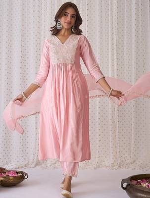 Pink Ethnic Motifs Embroidered Aari Work Kurta with Trousers & Dupatta 1