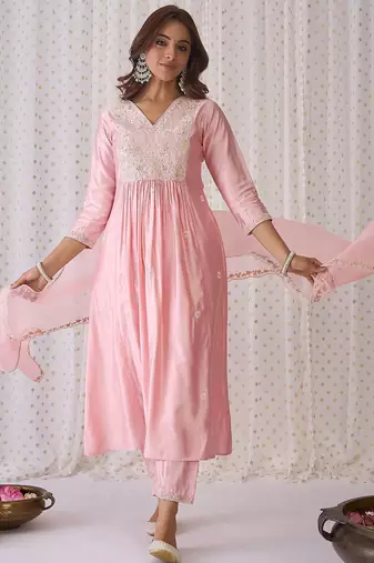 Pink Ethnic Motifs Embroidered Aari Work Kurta with Trousers & Dupatta