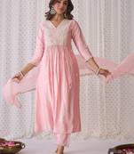 Pink Ethnic Motifs Embroidered Aari Work Kurta with Trousers & Dupatta