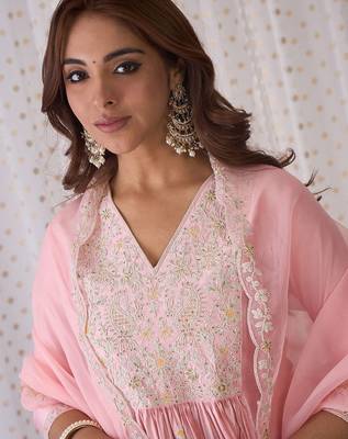 Pink Ethnic Motifs Embroidered Aari Work Kurta with Trousers & Dupatta 2