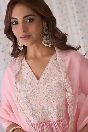 Pink Ethnic Motifs Embroidered Aari Work Kurta with Trousers & Dupatta