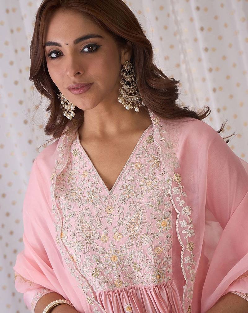 Pink Ethnic Motifs Embroidered Aari Work Kurta with Trousers & Dupatta