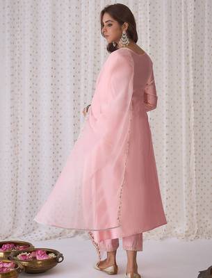 Pink Ethnic Motifs Embroidered Aari Work Kurta with Trousers & Dupatta 5