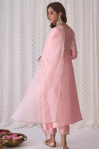 Pink Ethnic Motifs Embroidered Aari Work Kurta with Trousers & Dupatta