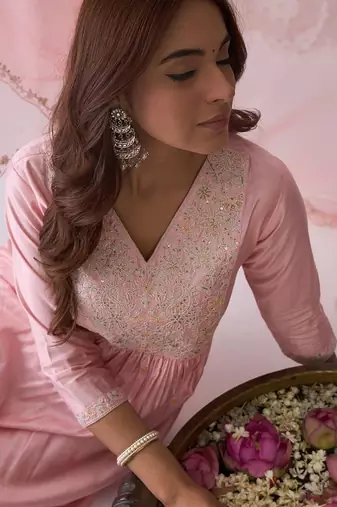 Pink Ethnic Motifs Embroidered Aari Work Kurta with Trousers & Dupatta