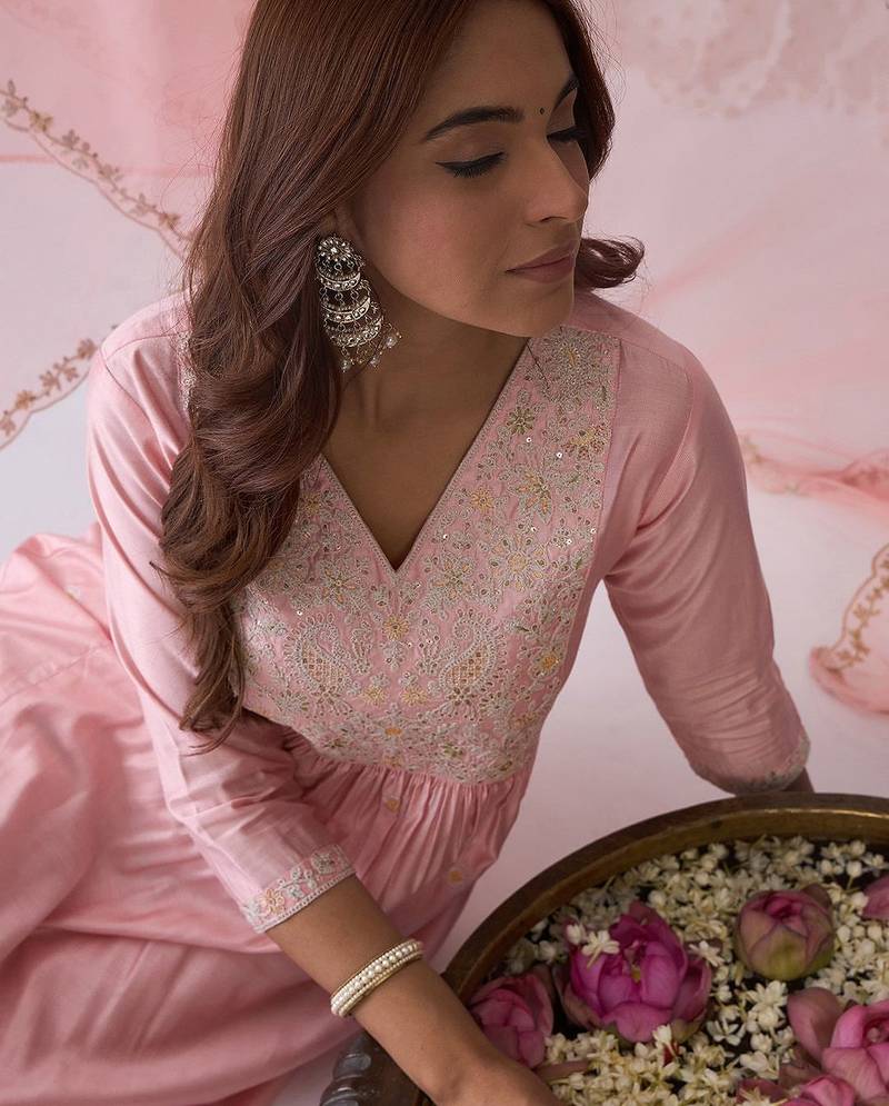 Pink Ethnic Motifs Embroidered Aari Work Kurta with Trousers & Dupatta