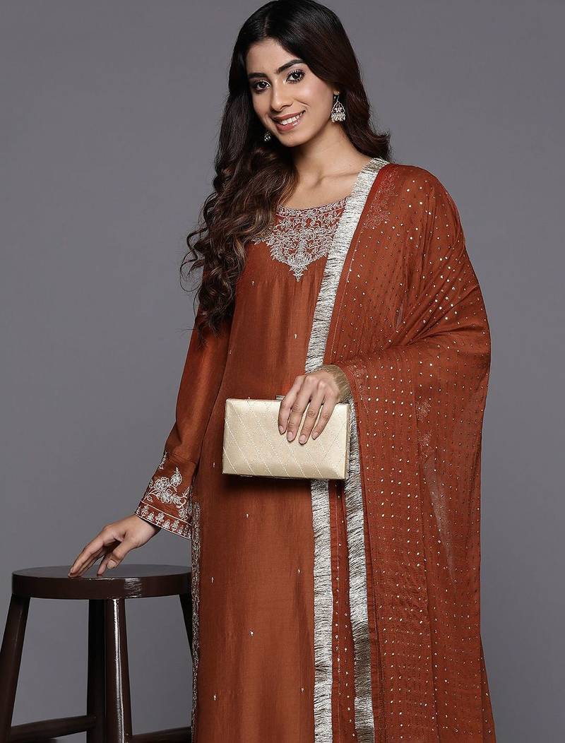 Ethnic Motifs Zari Embroidered Kurta with Trousers & Dupatta