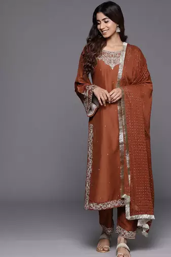 Ethnic Motifs Zari Embroidered Kurta with Trousers & Dupatta
