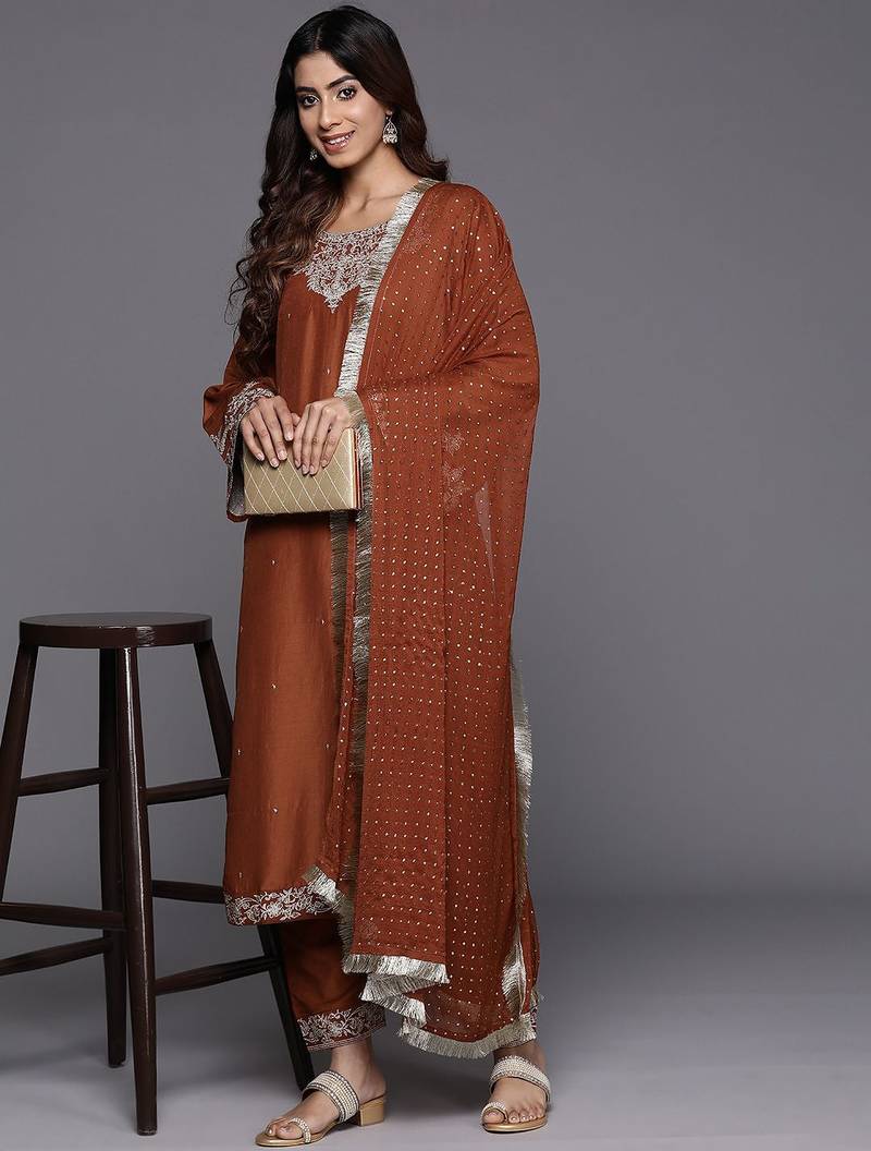 Ethnic Motifs Zari Embroidered Kurta with Trousers & Dupatta