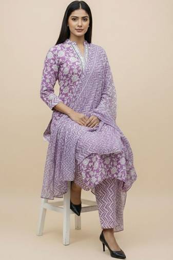 Women Floral Printed Regular  Cotton Kurta with Trousers & With Dupatta