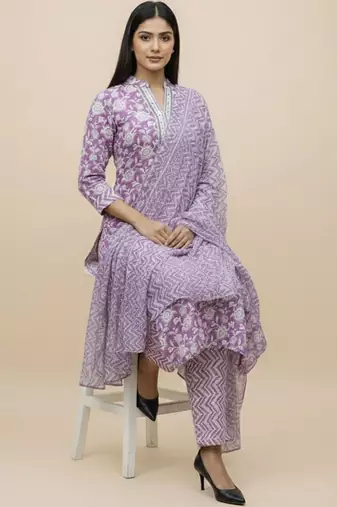 Women Floral Printed Regular Pure Cotton Kurta with Trousers & With Dupatta