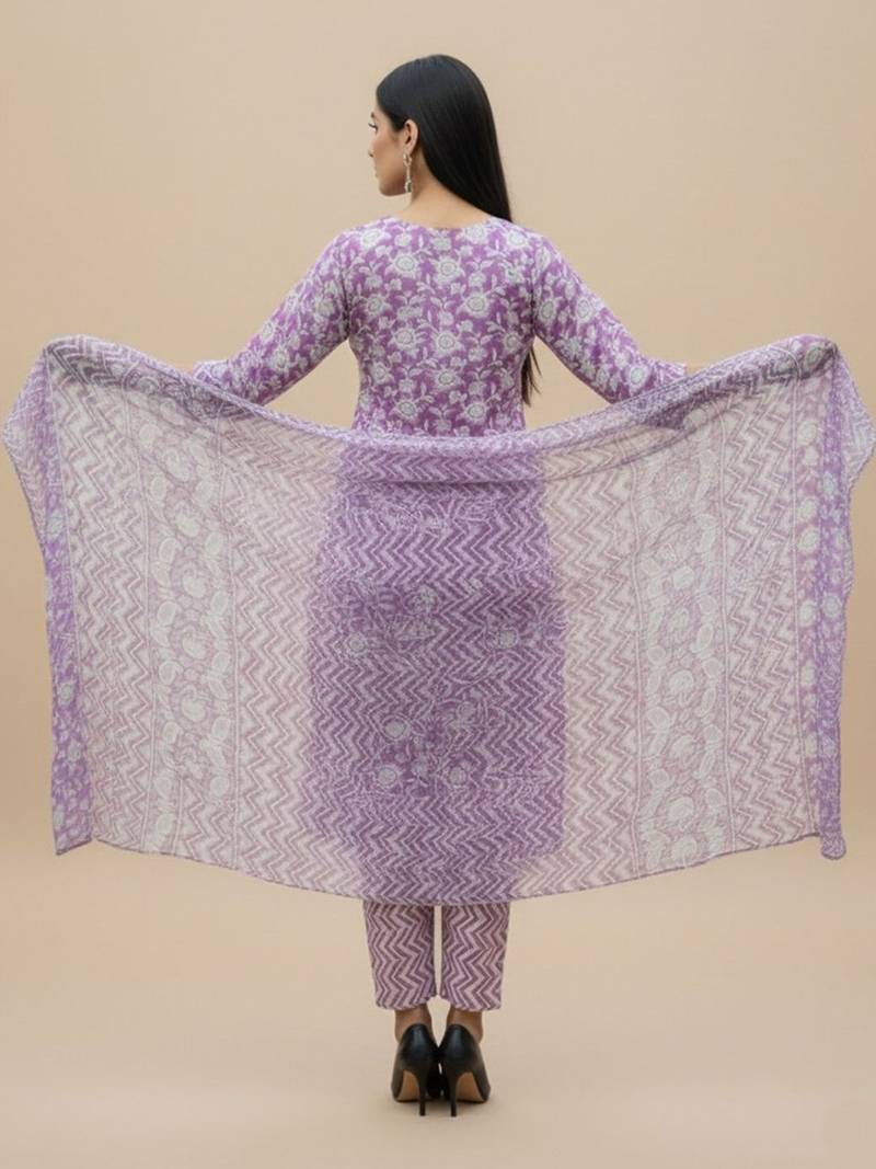 Women Floral Printed Regular Pure Cotton Kurta with Trousers & With Dupatta
