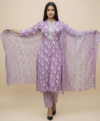 Women Floral Printed Regular Pure Cotton Kurta with Trousers & With Dupatta 6