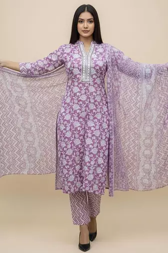 Women Floral Printed Regular Pure Cotton Kurta with Trousers & With Dupatta