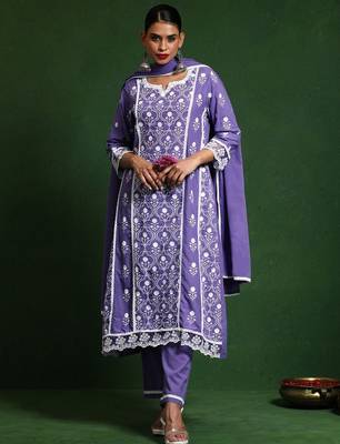 Women Floral Embroidered Regular Chikankari  Cotton Kurta with Trousers & With Dupatta 1