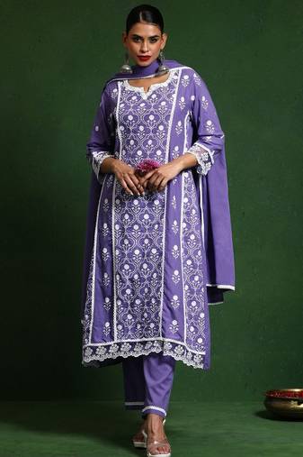 Women Floral Embroidered Regular Chikankari Pure Cotton Kurta with Trousers & With Dupatta