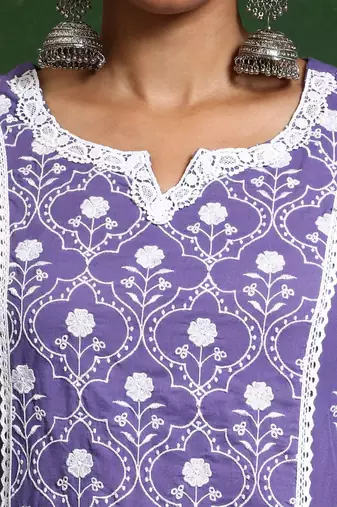 Women Floral Embroidered Regular Chikankari Pure Cotton Kurta with Trousers & With Dupatta