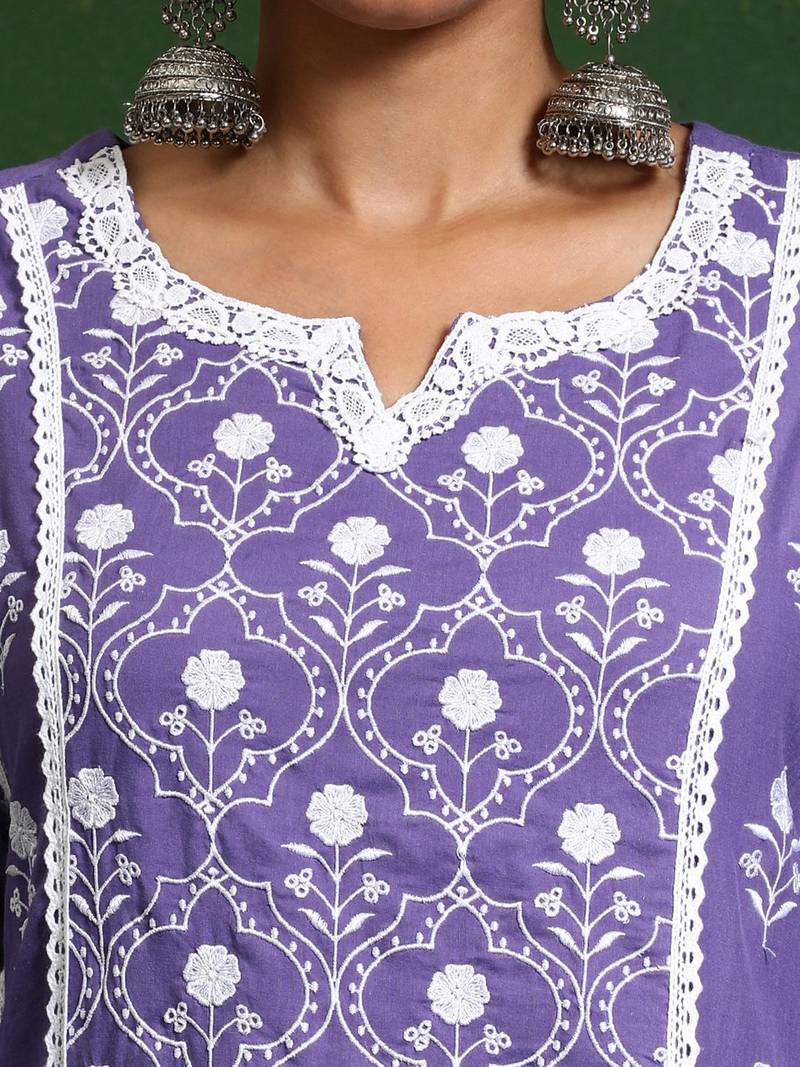 Women Floral Embroidered Regular Chikankari  Cotton Kurta with Trousers & With Dupatta