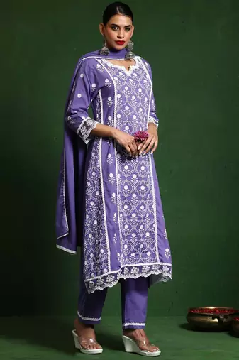 Women Floral Embroidered Regular Chikankari Pure Cotton Kurta with Trousers & With Dupatta