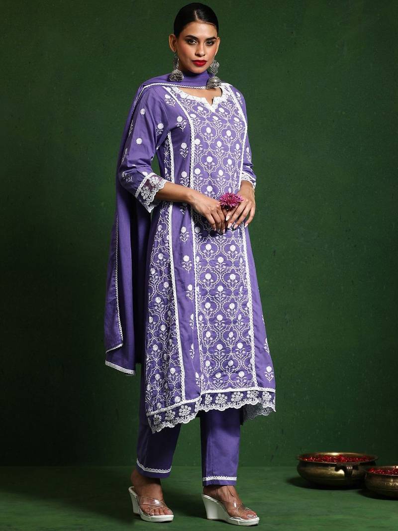 Women Floral Embroidered Regular Chikankari  Cotton Kurta with Trousers & With Dupatta