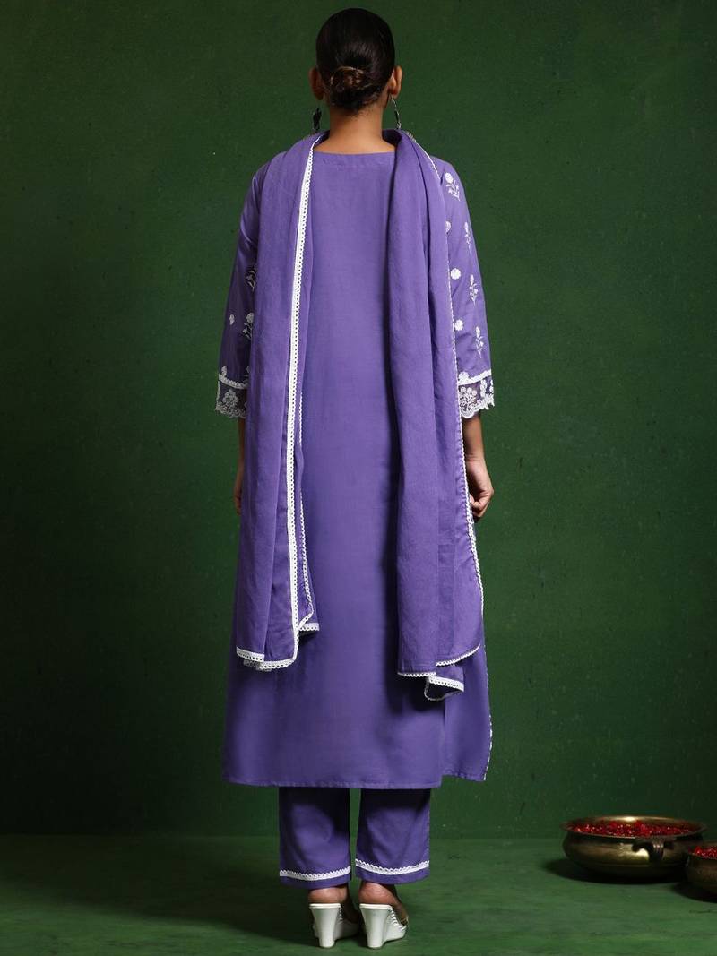 Women Floral Embroidered Regular Chikankari  Cotton Kurta with Trousers & With Dupatta