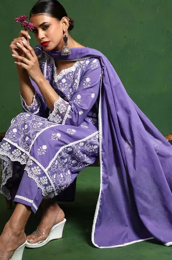Women Floral Embroidered Regular Chikankari Pure Cotton Kurta with Trousers & With Dupatta