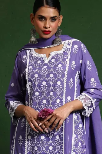 Women Floral Embroidered Regular Chikankari Pure Cotton Kurta with Trousers & With Dupatta